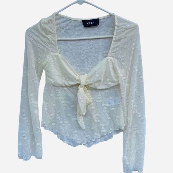 Cider XS Sheer Ivory Tie Front Top Floral Embroidered Lettuce Hem Blouse Long Sl - Picture 1 of 5